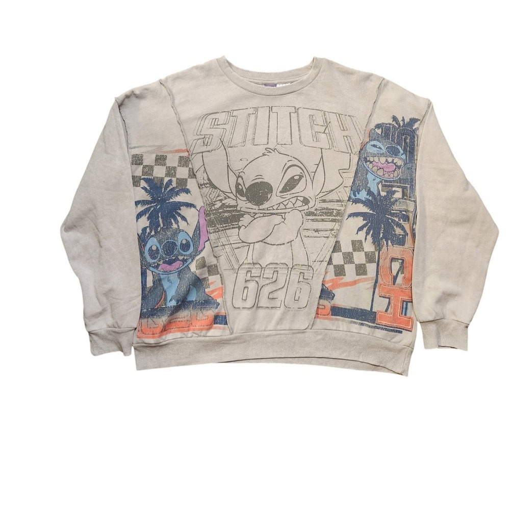 Disney‎ Stitch 626 Men Small Gray Graphic Sweatshirt Paneled Raw Edge